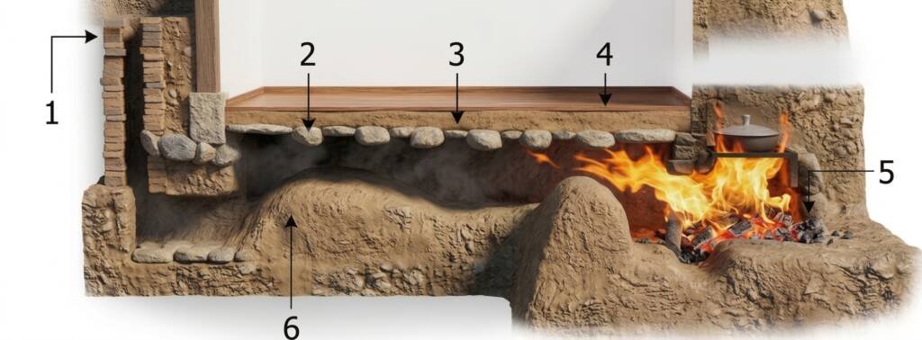 Ондоль у розрізі: рух диму від вогнища під підлогою до димоходу